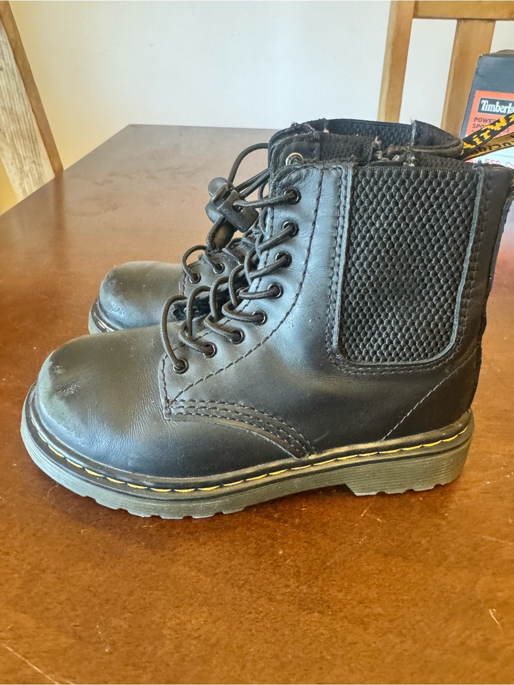 Dr. Martens Kids Black Lace-Up Ankle Boots with Yellow Stitching